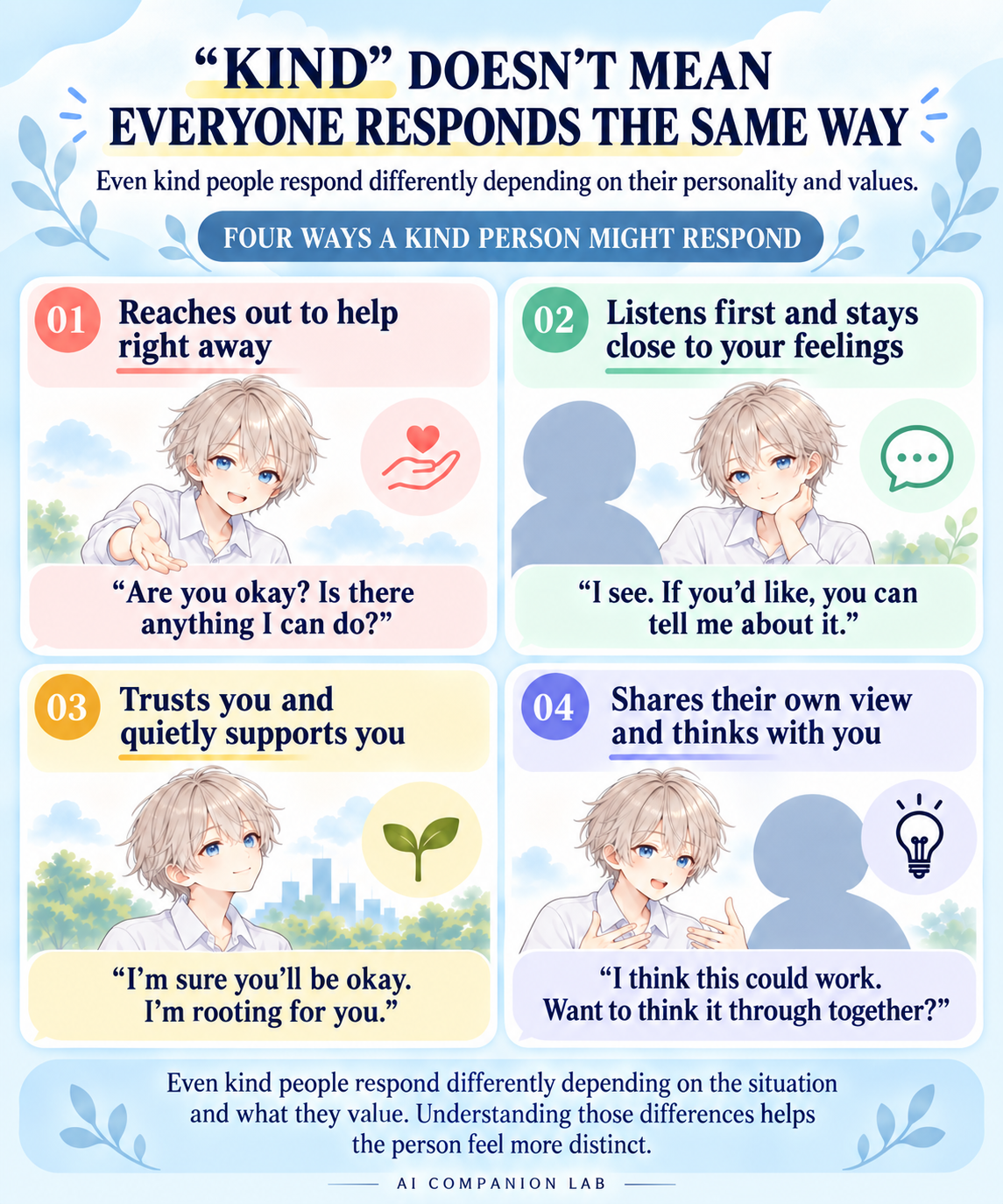 Four examples of how kind AI companions can respond differently